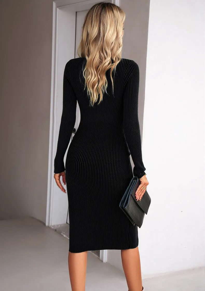 Knit Comfort Square Neck Slit Sweater Dress