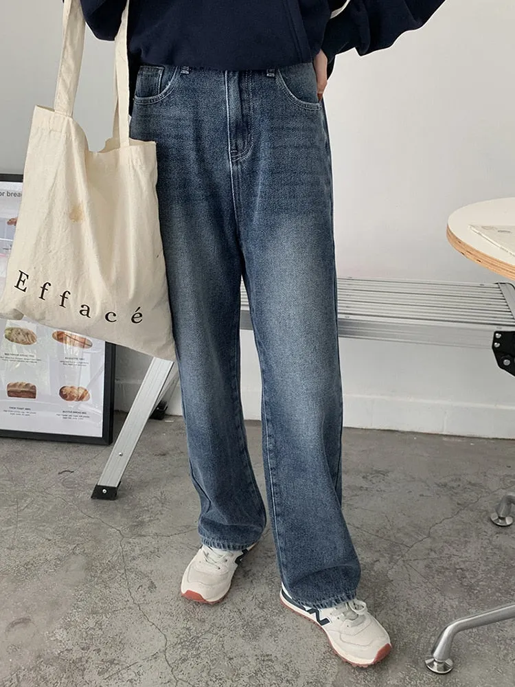 [Korean Style] High Waist Full Length Straight Wide Leg Jeans