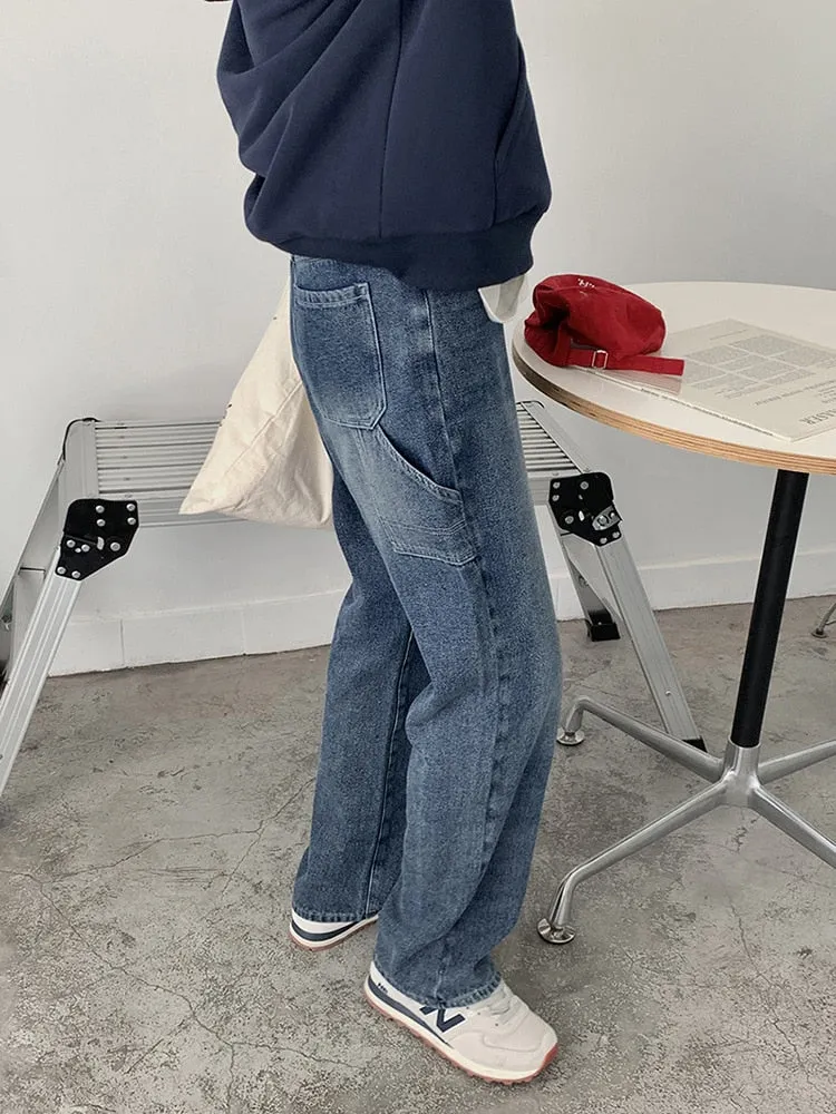 [Korean Style] High Waist Full Length Straight Wide Leg Jeans