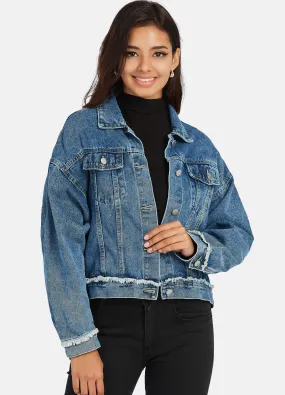 MECALA Women's Fall Drop Shoulder Denim Jacket with Pockets