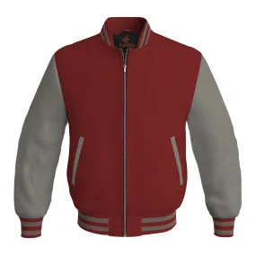 Mens Bomber Jacket Maroon Body and Gray Leather Sleeves Bomber Jacket