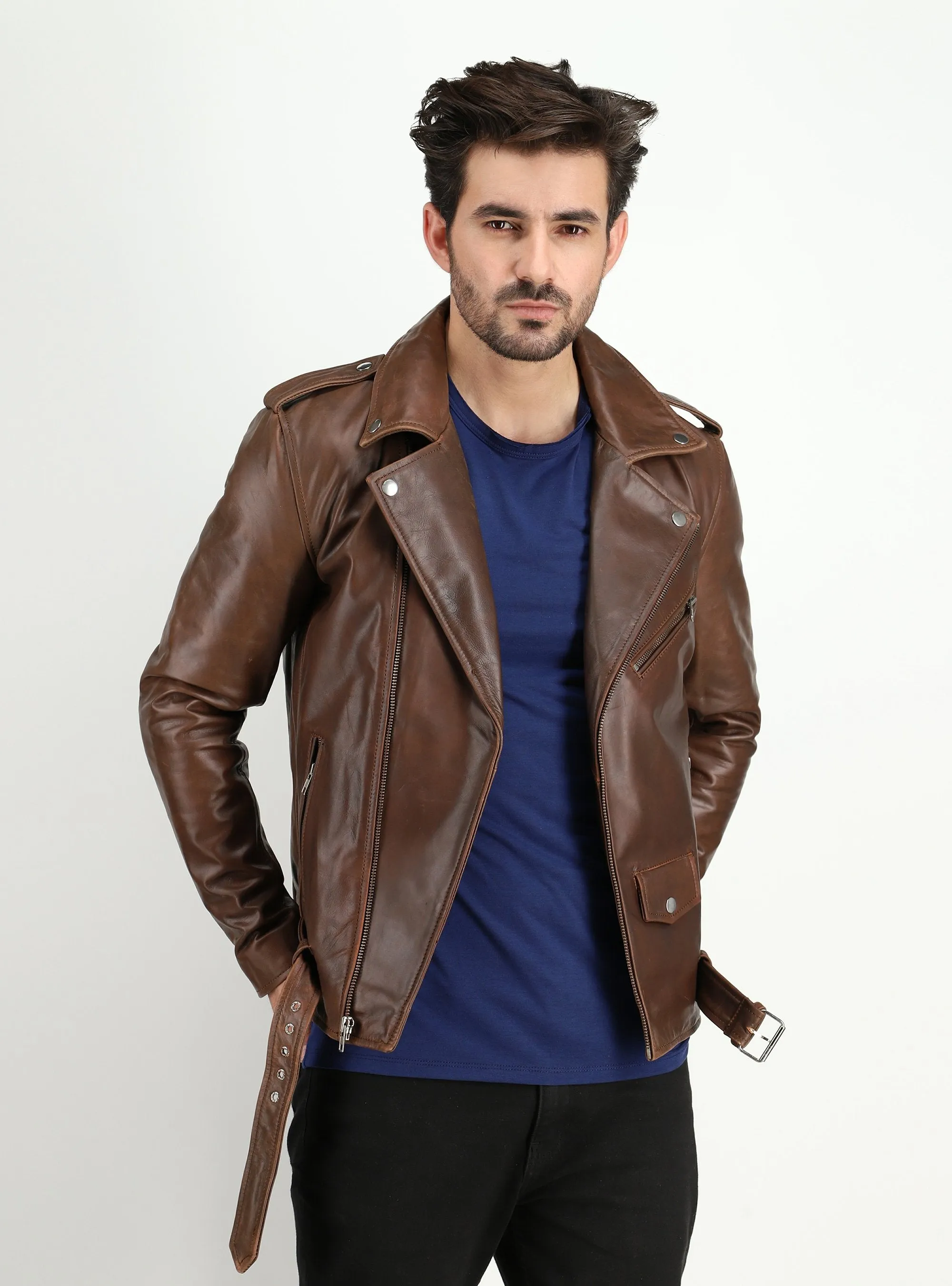 Men's Cowhide Dual Tone Brown Motorcycle Style Leather Jacket