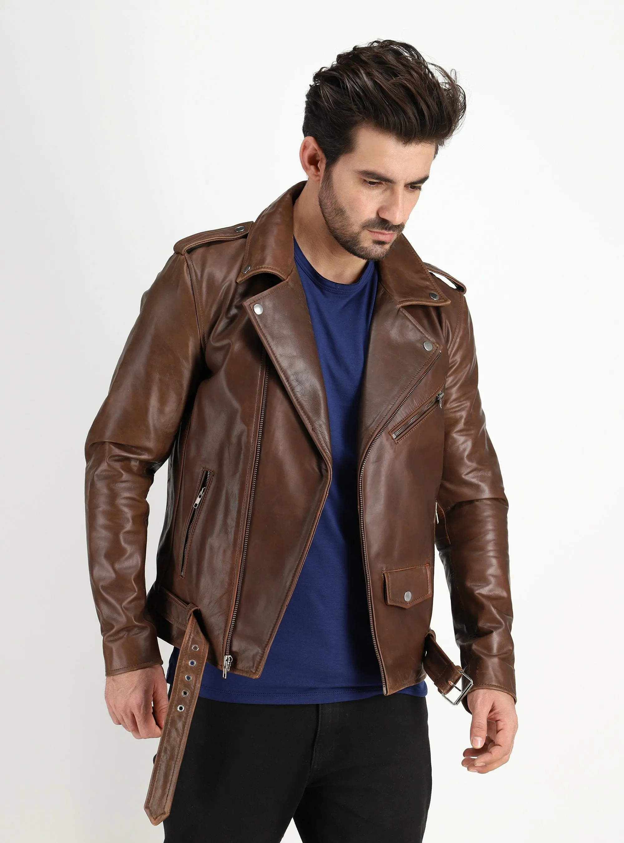 Men's Cowhide Dual Tone Brown Motorcycle Style Leather Jacket