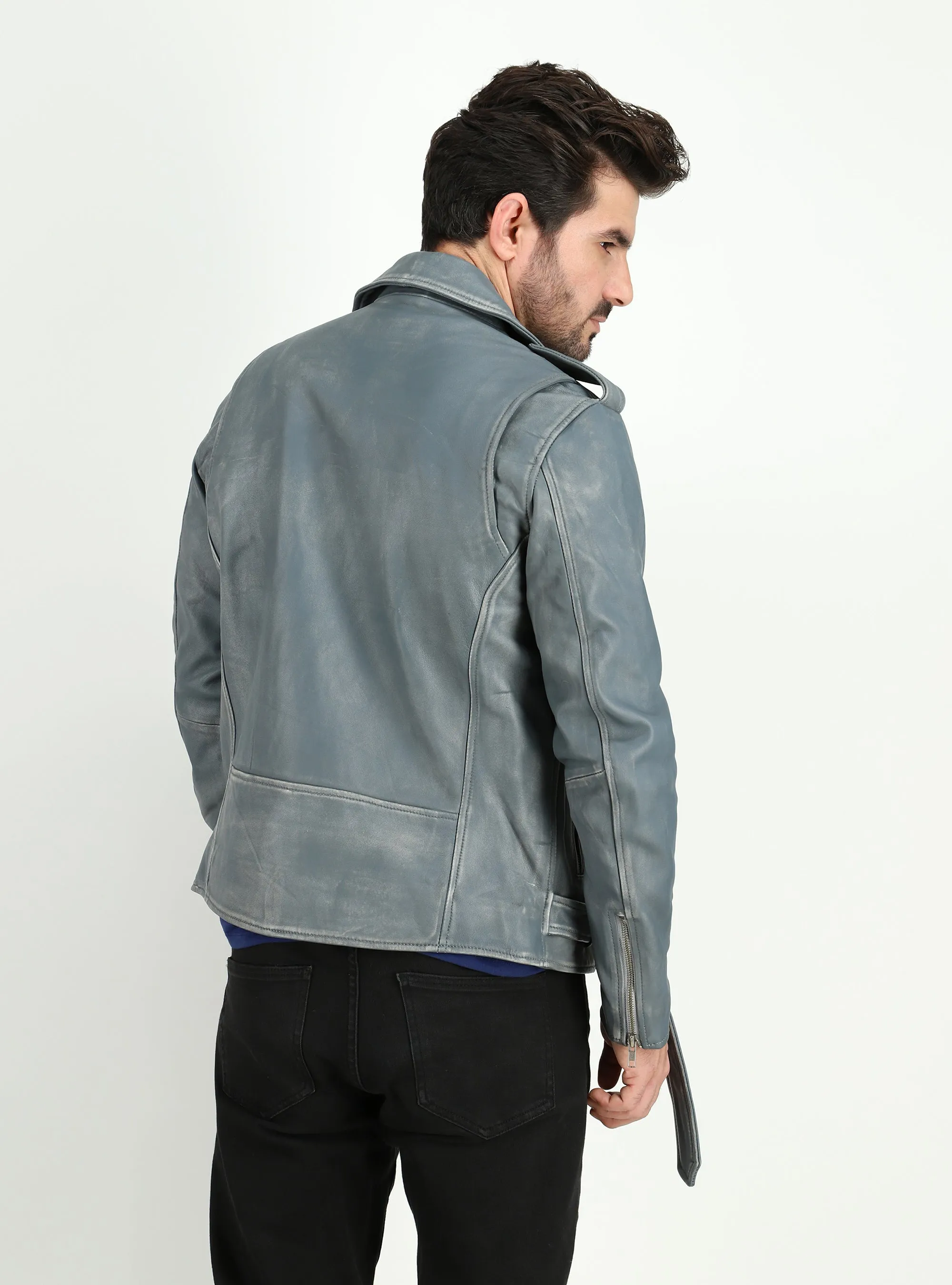 Men's Cowhide Dual Tone Gray Motorcycle Style Leather Jacket