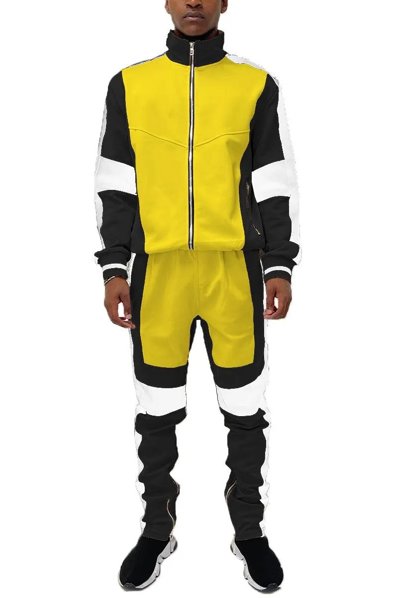 Men's Yellow Black White Moto Color Block Tracksuit Set