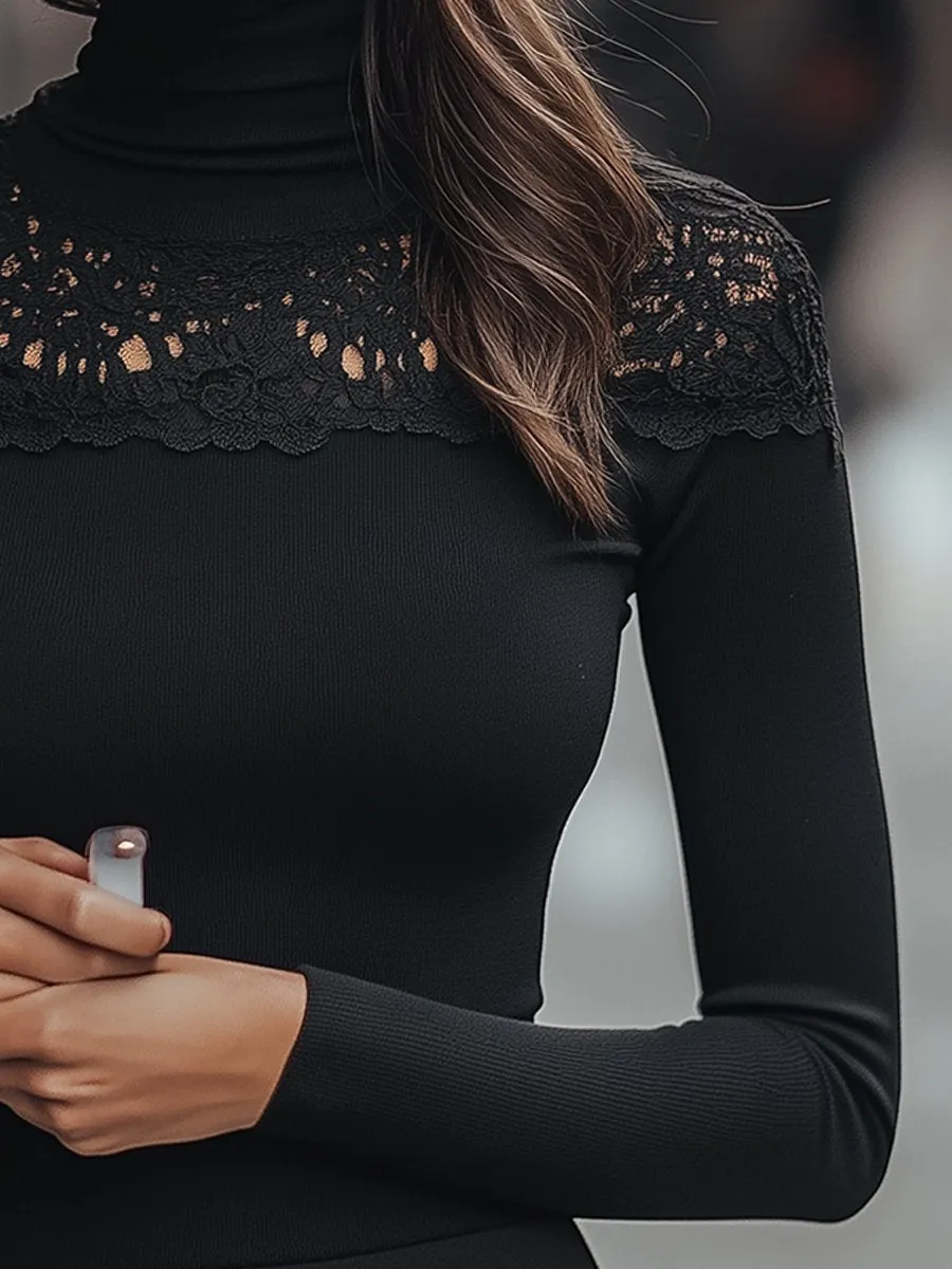 Midnight Lace of Elegant Black Turtleneck with Lace Detail