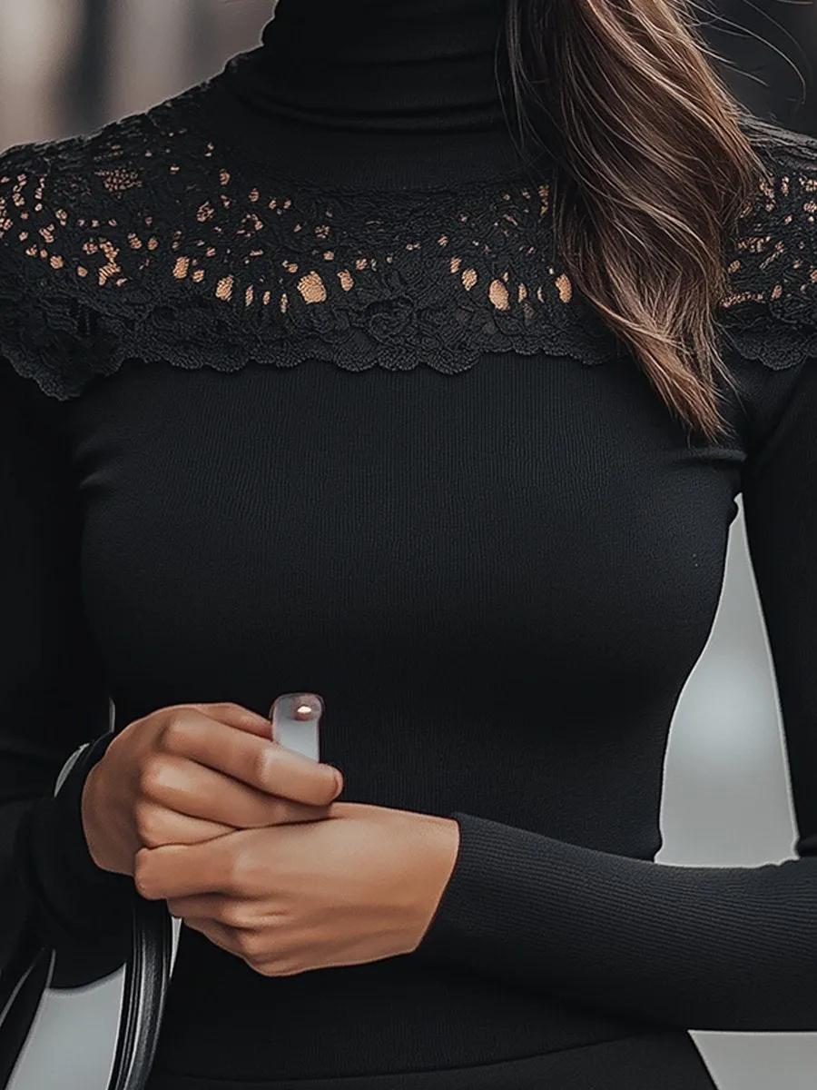 Midnight Lace of Elegant Black Turtleneck with Lace Detail