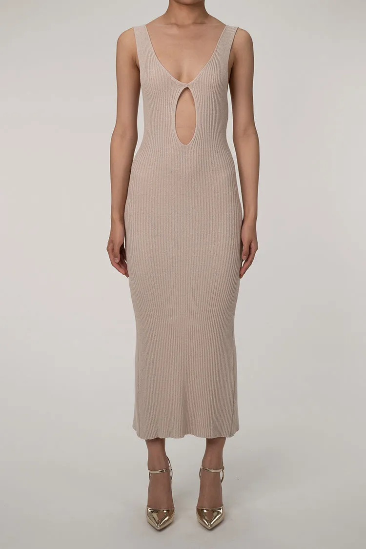 Minimalist Plunge Keyhole Cutout Ribbed Knit Sleeveless Sweater Midi Dress