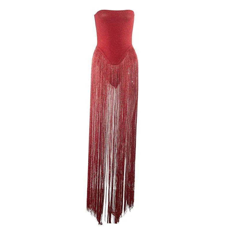 Montie Strapless Tassle Hem Midi Dress