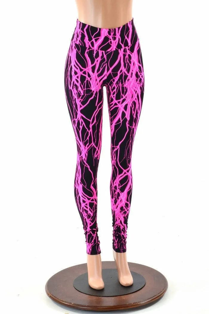 Neon Pink Lightning High Waist Leggings