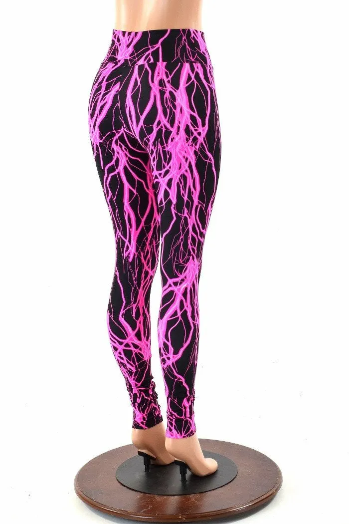 Neon Pink Lightning High Waist Leggings