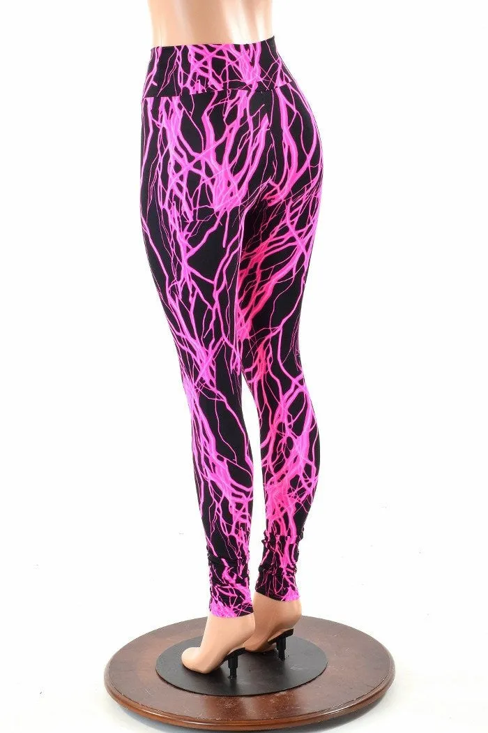 Neon Pink Lightning High Waist Leggings