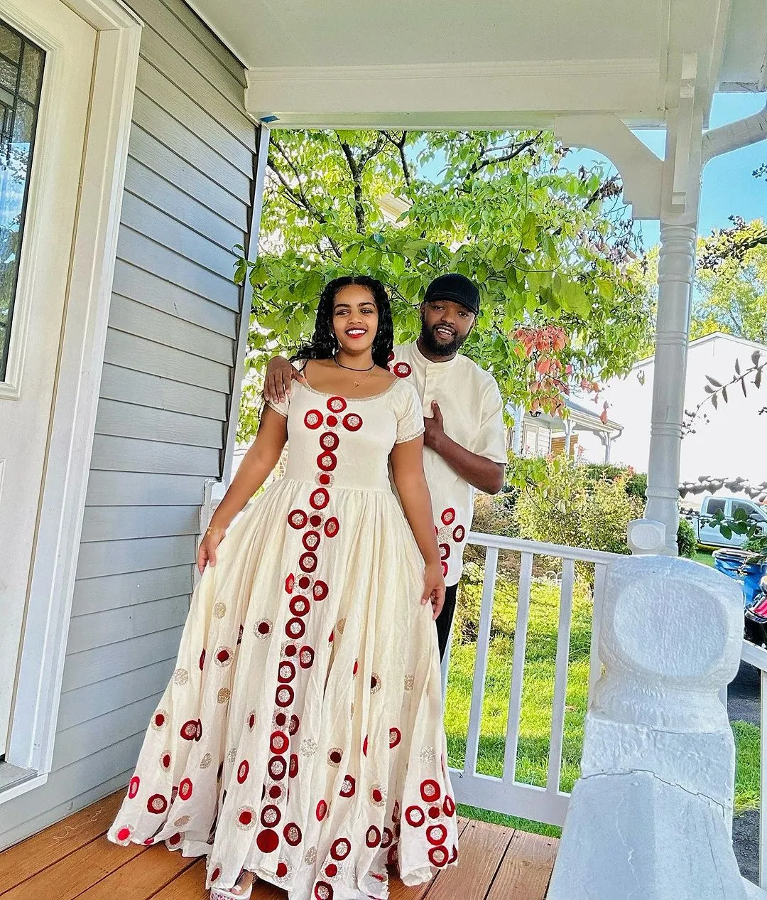 Perfect Matching Traditional Ethiopian Couples Attire: Red Embroidery Artistry on Habesha Couples Outfit