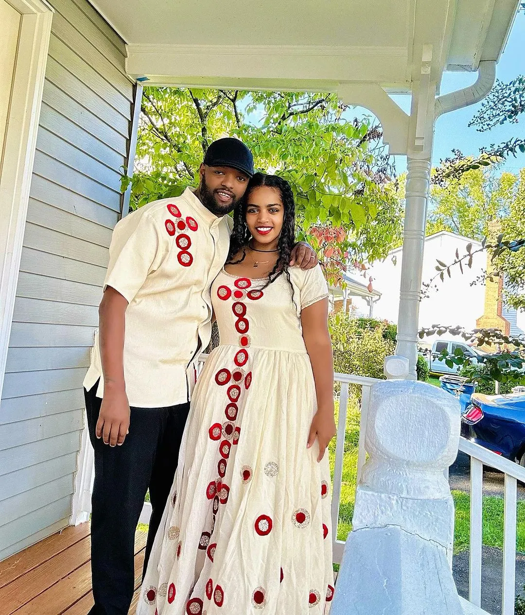 Perfect Matching Traditional Ethiopian Couples Attire: Red Embroidery Artistry on Habesha Couples Outfit