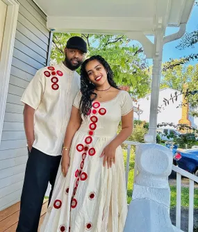 Perfect Matching Traditional Ethiopian Couples Attire: Red Embroidery Artistry on Habesha Couples Outfit