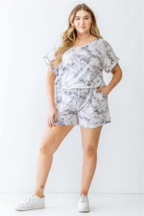 Plus Ivory & Grey Tie-dye Print Two Pocket Romper