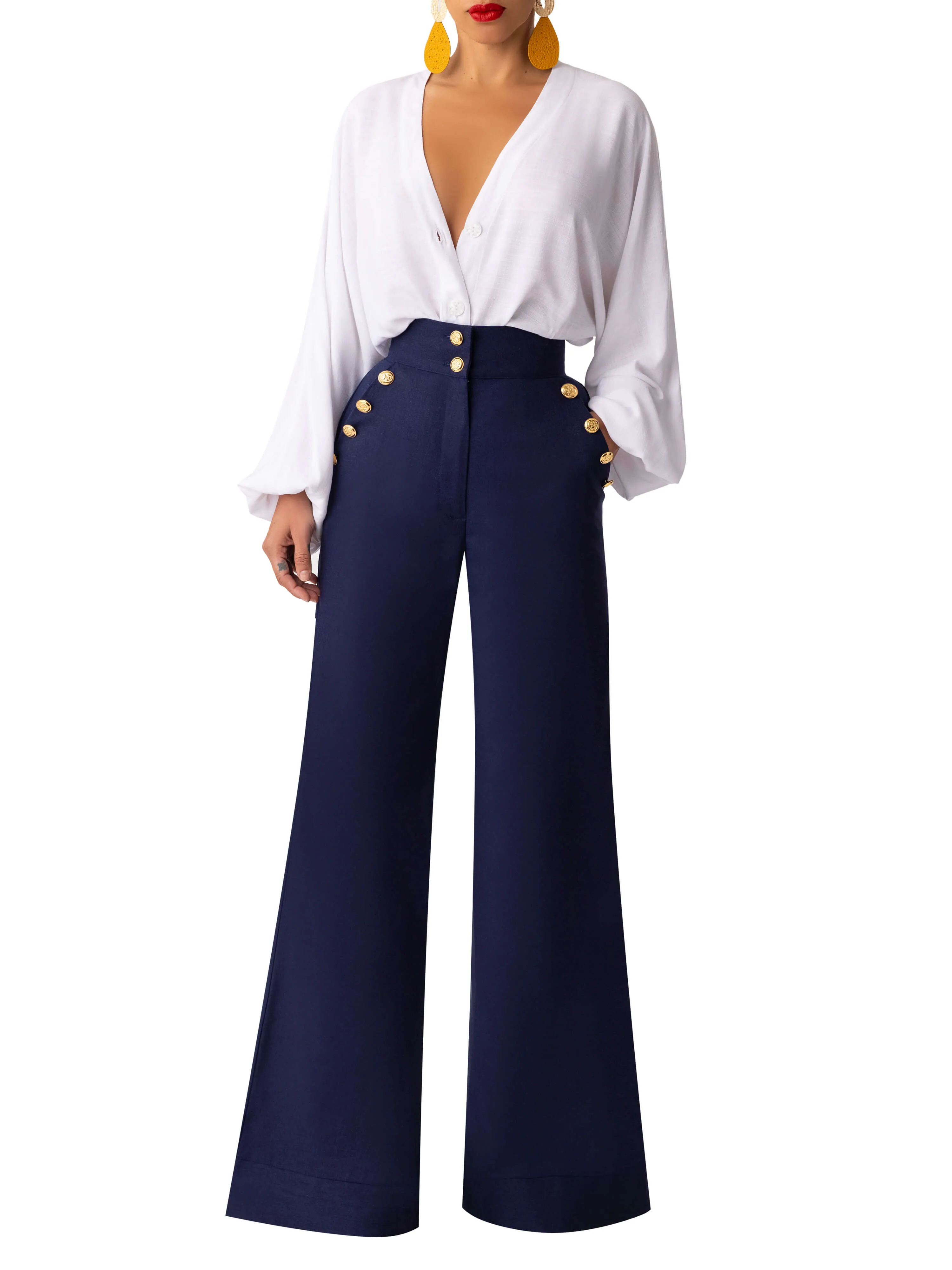 "Bay" Nautical Navy High Waist Pants