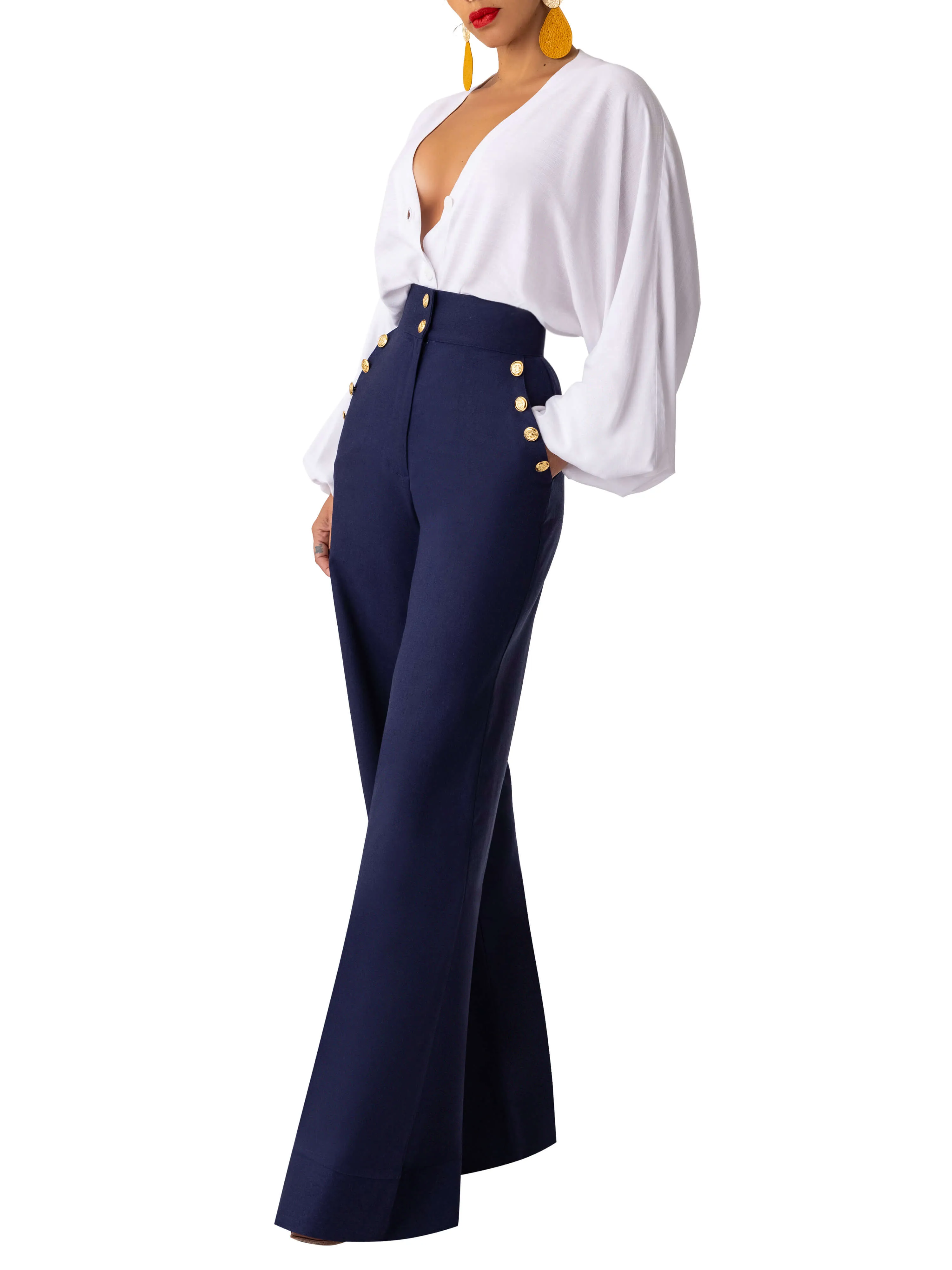 "Bay" Nautical Navy High Waist Pants