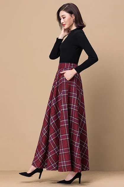 Red Plaid Women Swing Wool Skirt 3796