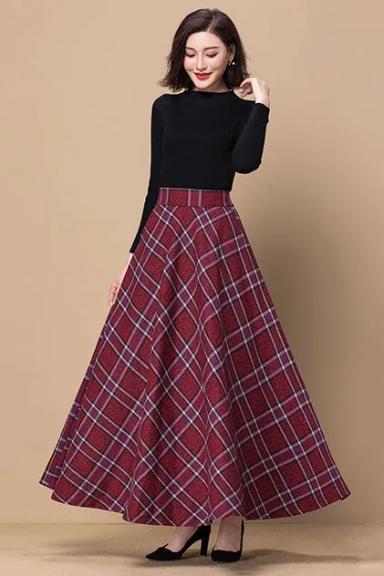 Red Plaid Women Swing Wool Skirt 3796