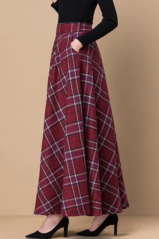 Red Plaid Women Swing Wool Skirt 3796