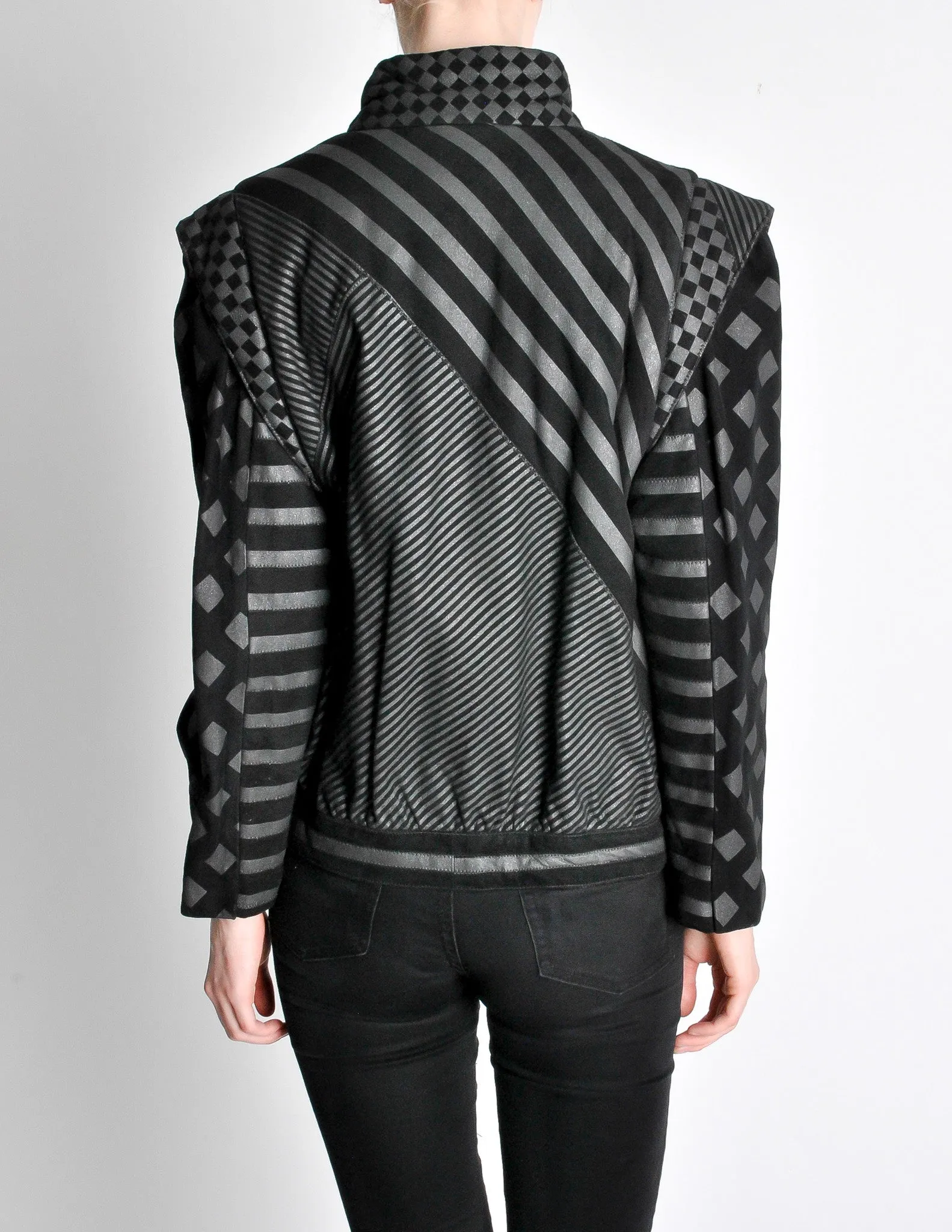 Roberto Cavalli Vintage Black & Grey Geometric Print Leather Jacket