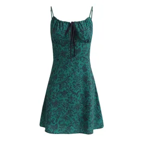 Sexy Tie Neck Sleeveless Smocked Organic Silk Paisley Print Mini Sundress