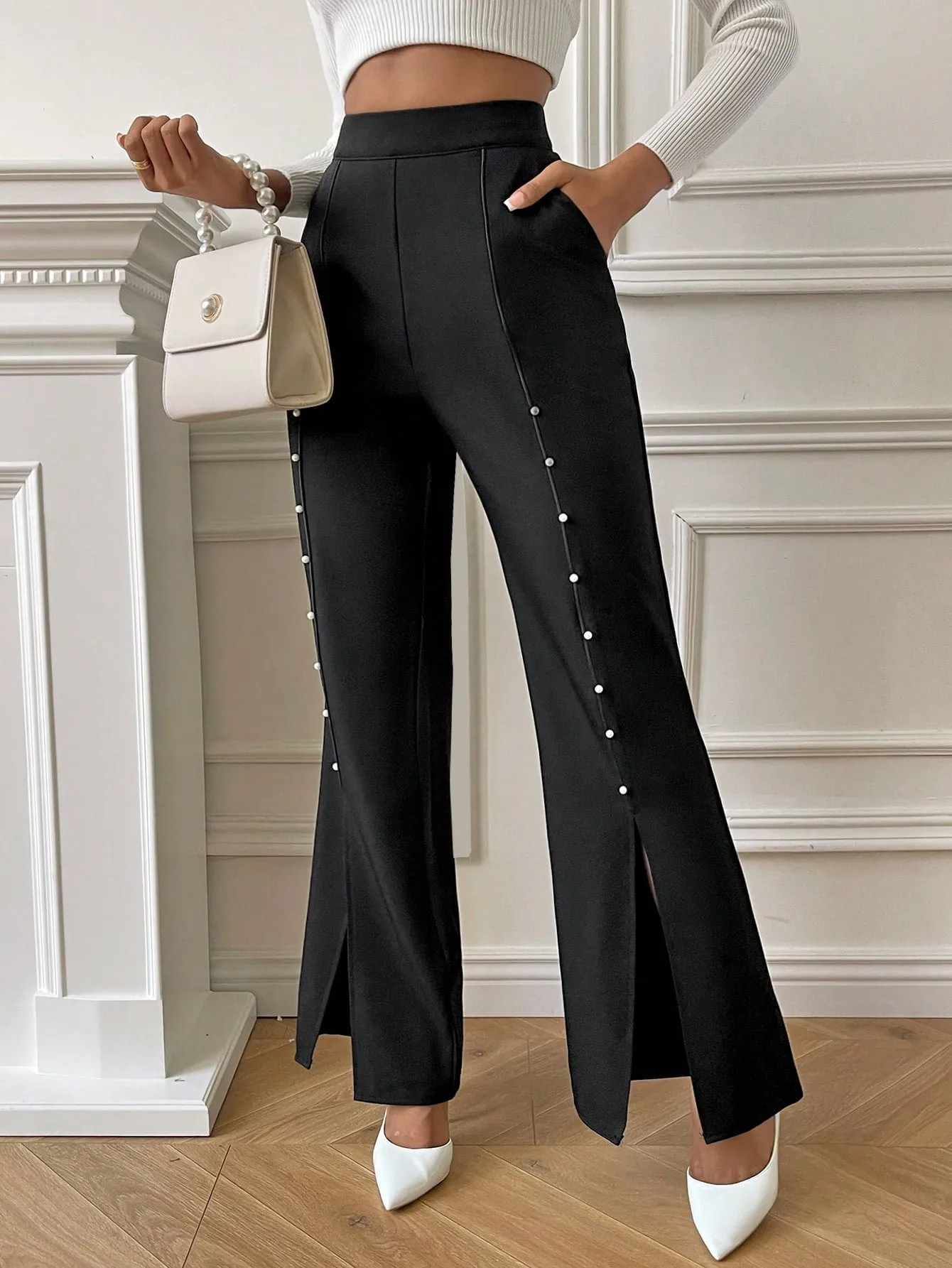 SHEIN Priv̩ Pearls Beaded Split Hem Flare Leg Pants