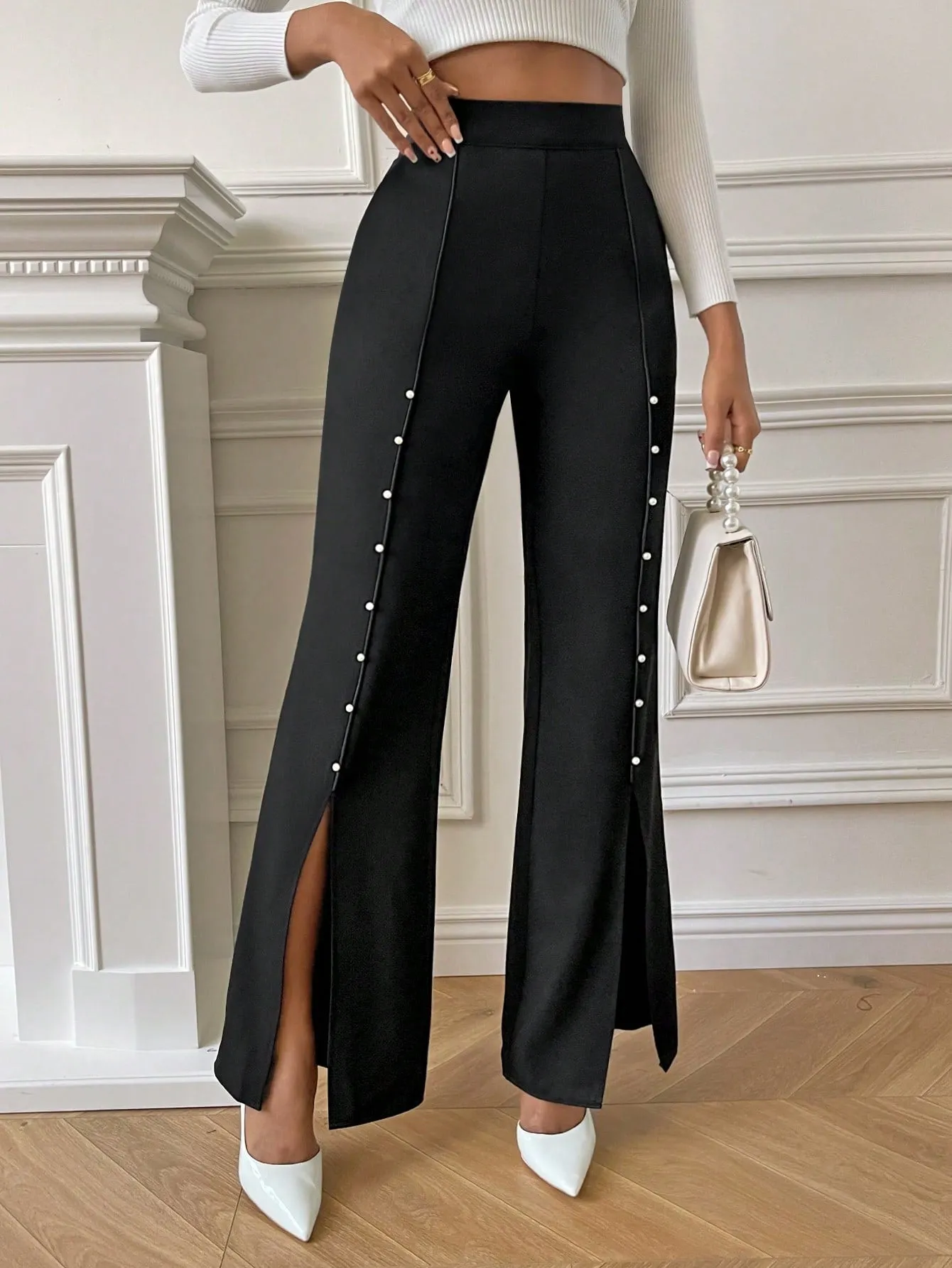 SHEIN Priv̩ Pearls Beaded Split Hem Flare Leg Pants