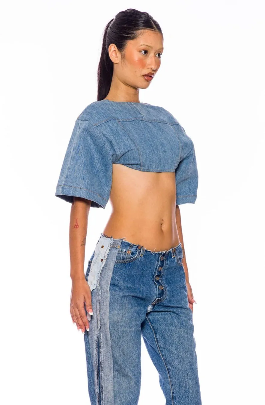 SHORT SLEEVE BOLERO IN VINTAGE DENIM