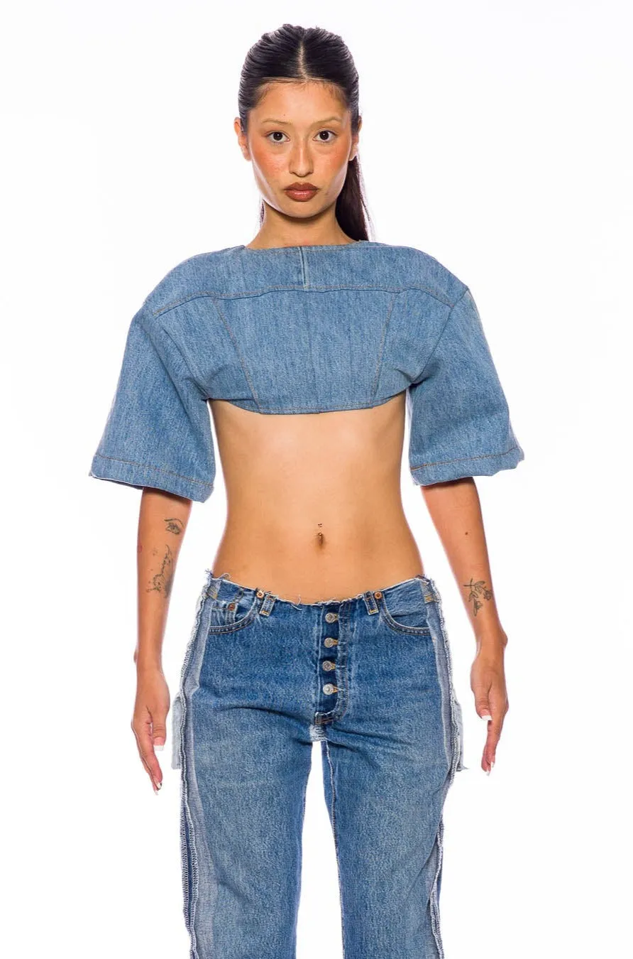 SHORT SLEEVE BOLERO IN VINTAGE DENIM