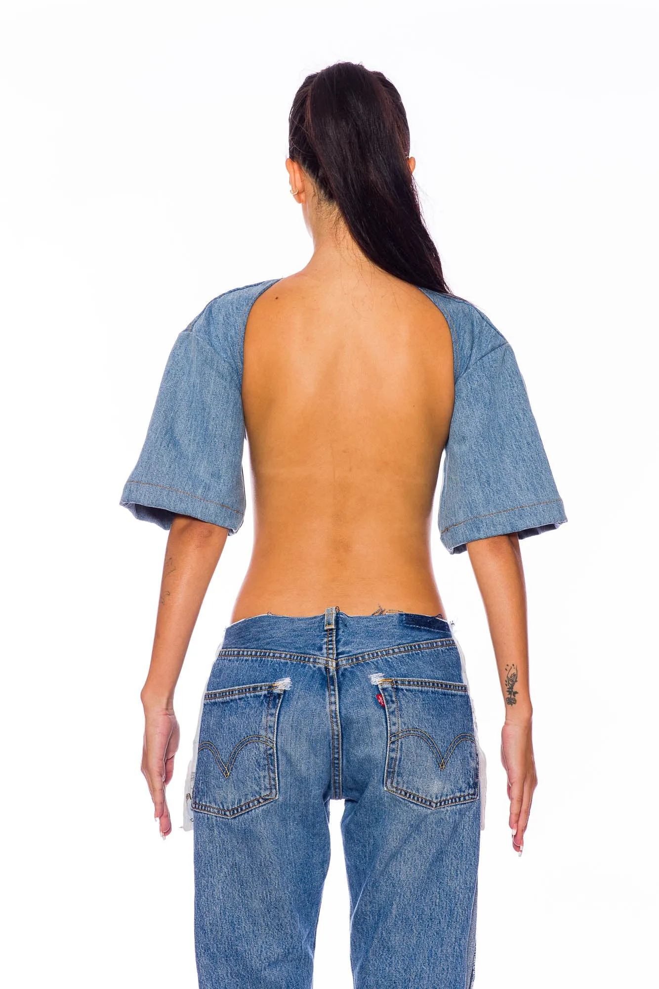 SHORT SLEEVE BOLERO IN VINTAGE DENIM