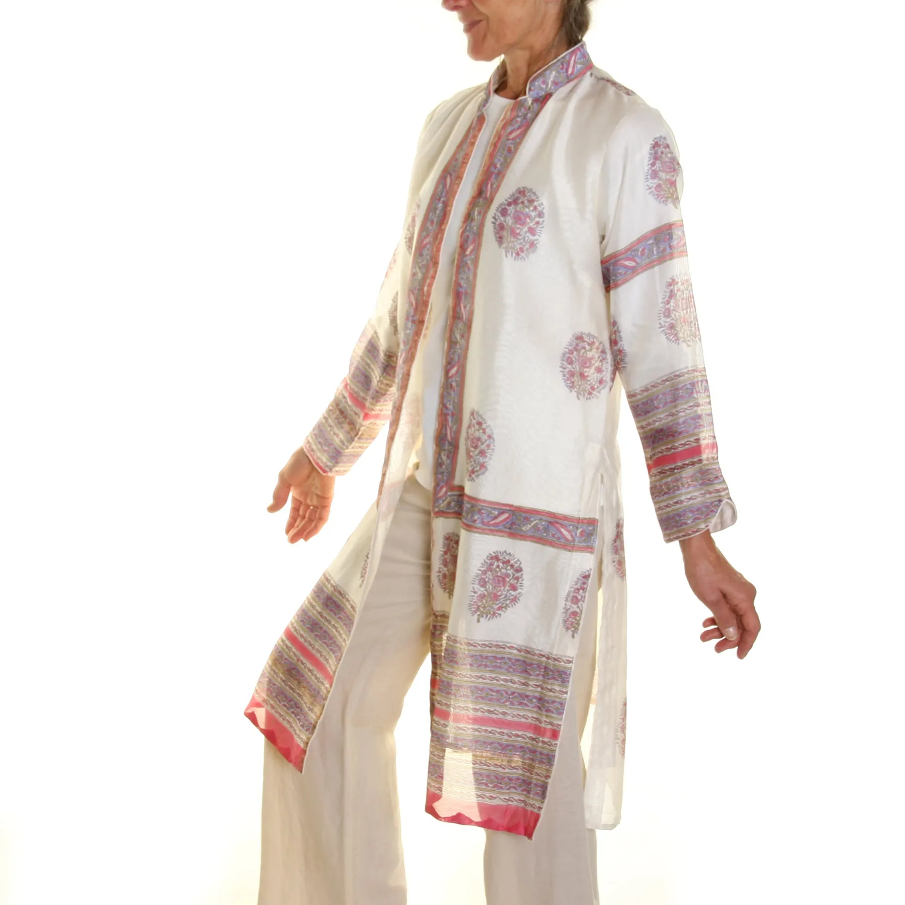 Silk Chanderi Jacket - Pink/Purple Print - Large