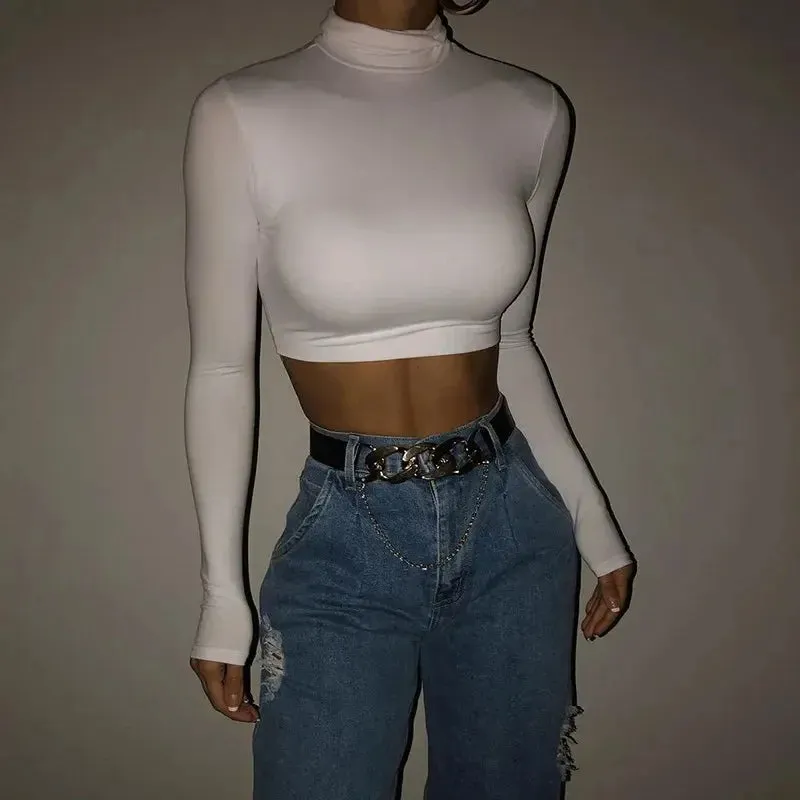 Solid Long Sleeve Turtleneck Crop Top