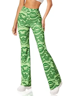 SOLY HUX Women's Printed High Waisted Bell Bottom Flare Leg Pants Green Allover Print M