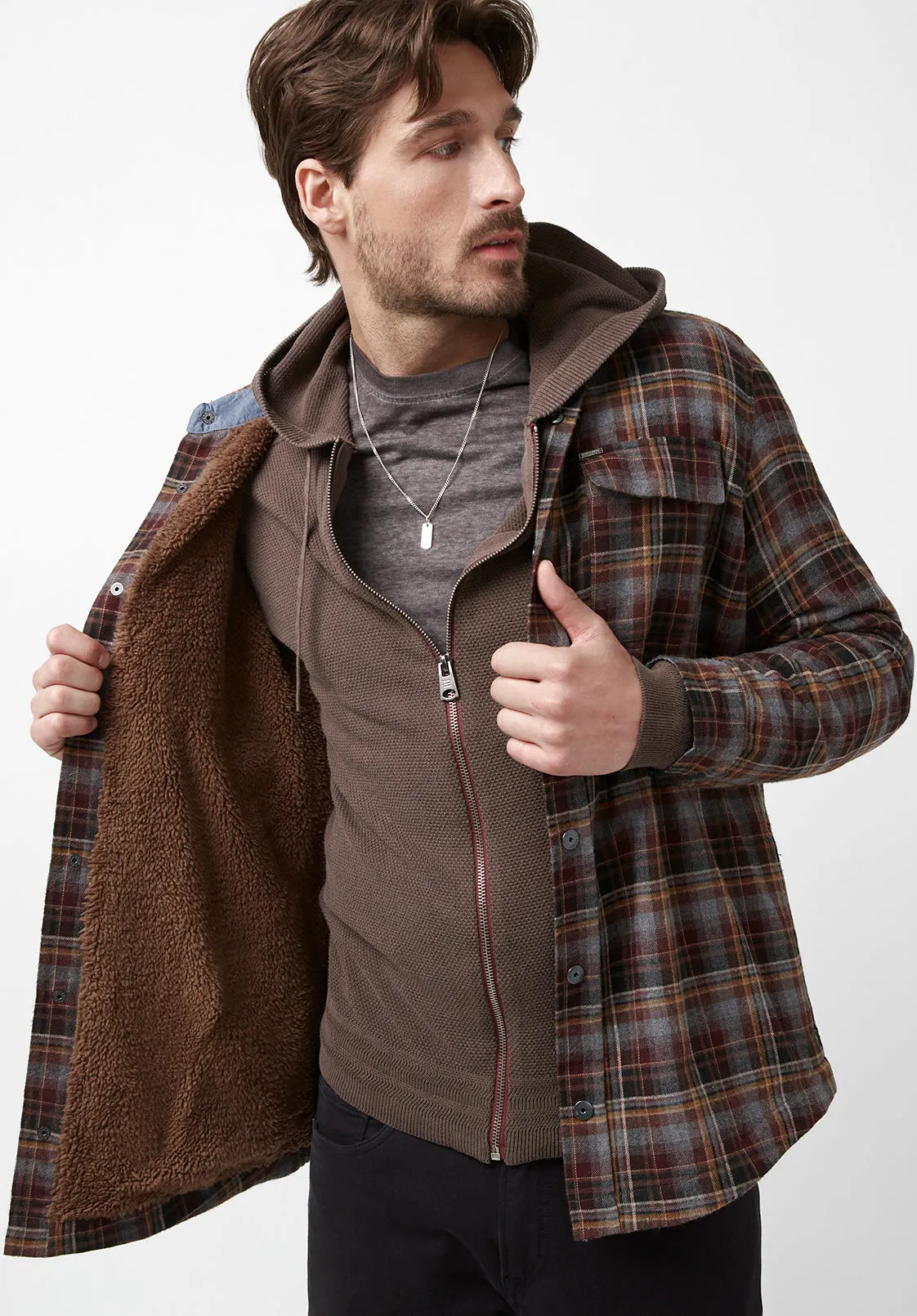 Soqer Men’s Shacket in Grey Brown Plaid - BM24150