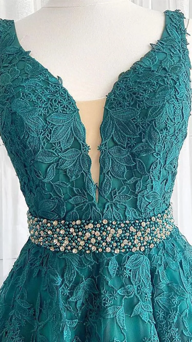 V Neck Dark Green Lace Prom Dresses, Dark Green Lace Formal Evening Dresses    fg1729