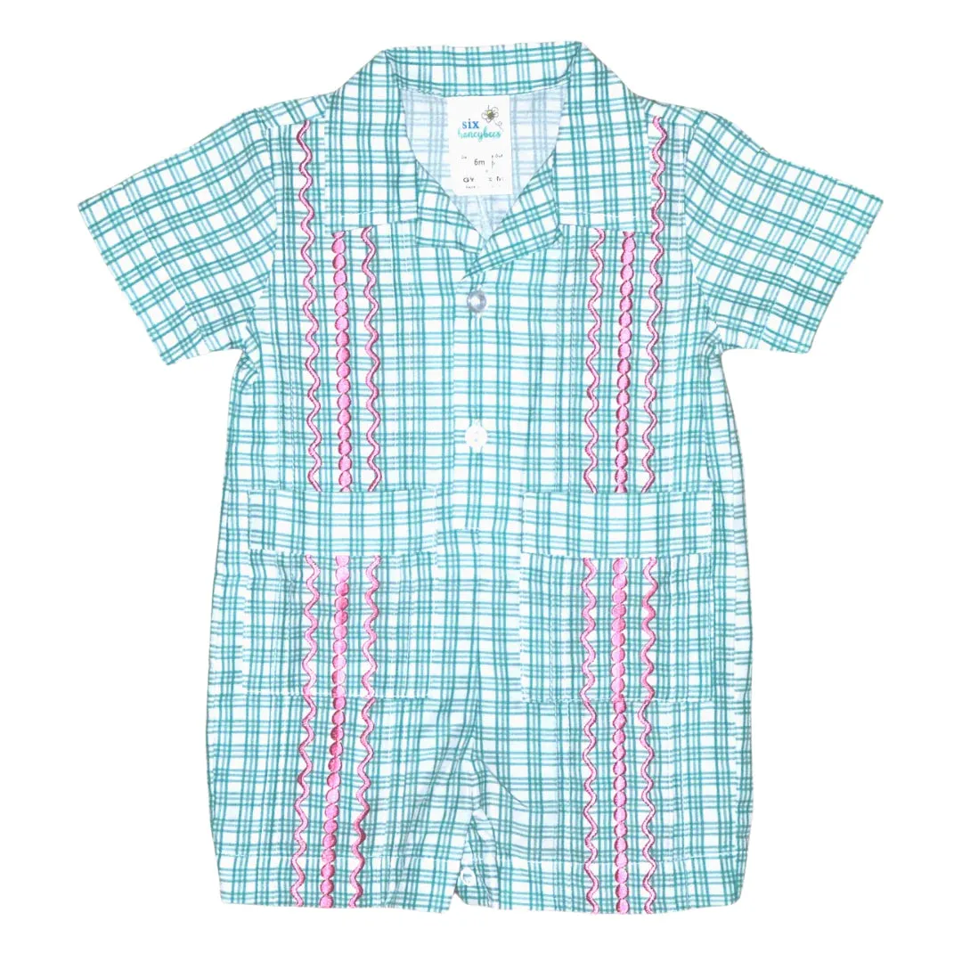 Valencia Guayabera Romper - Pink on Green