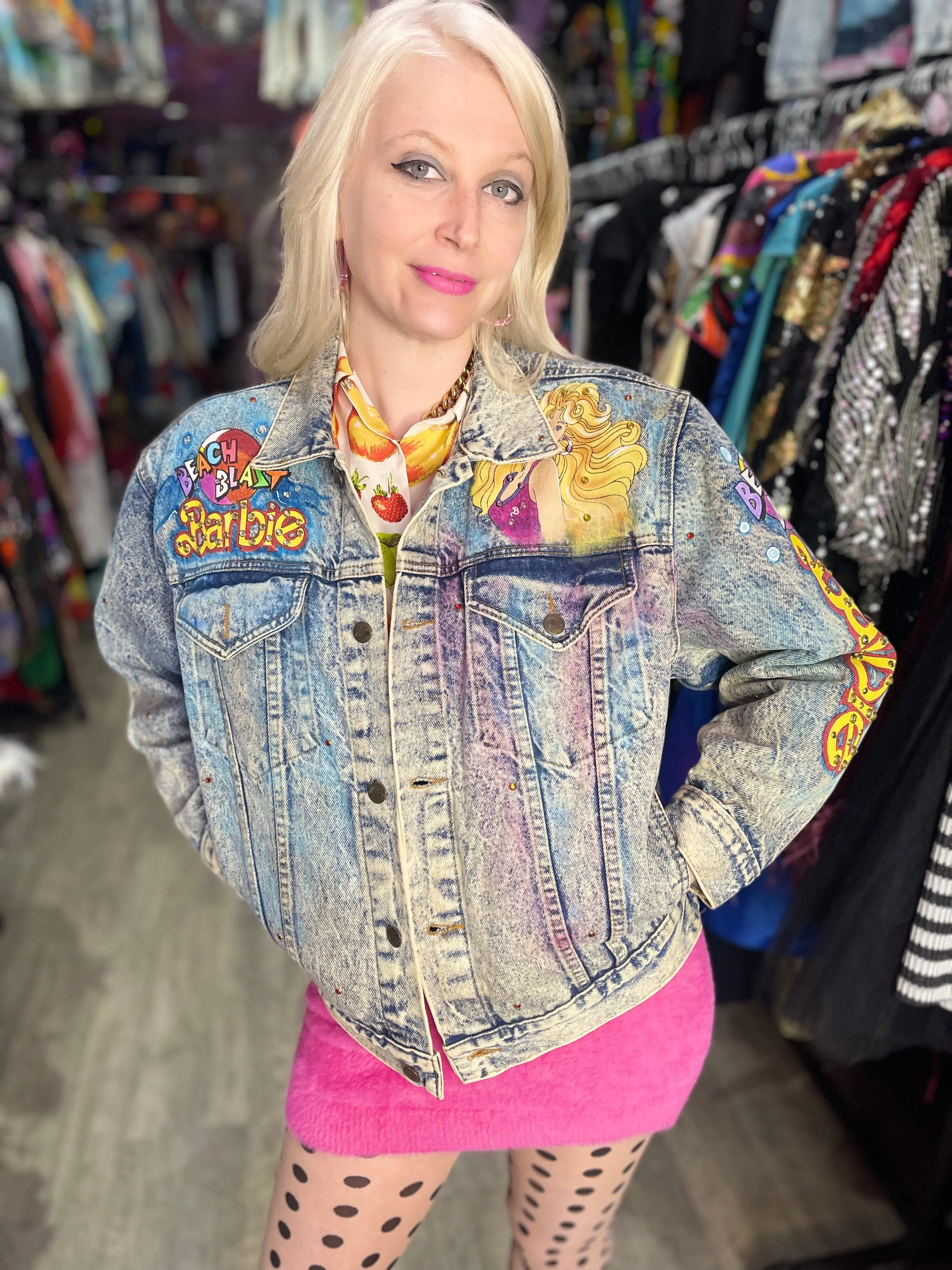 Vintage 1987 Hand Painted and Bedazzled Barbie Beach Blast Jean Jacket