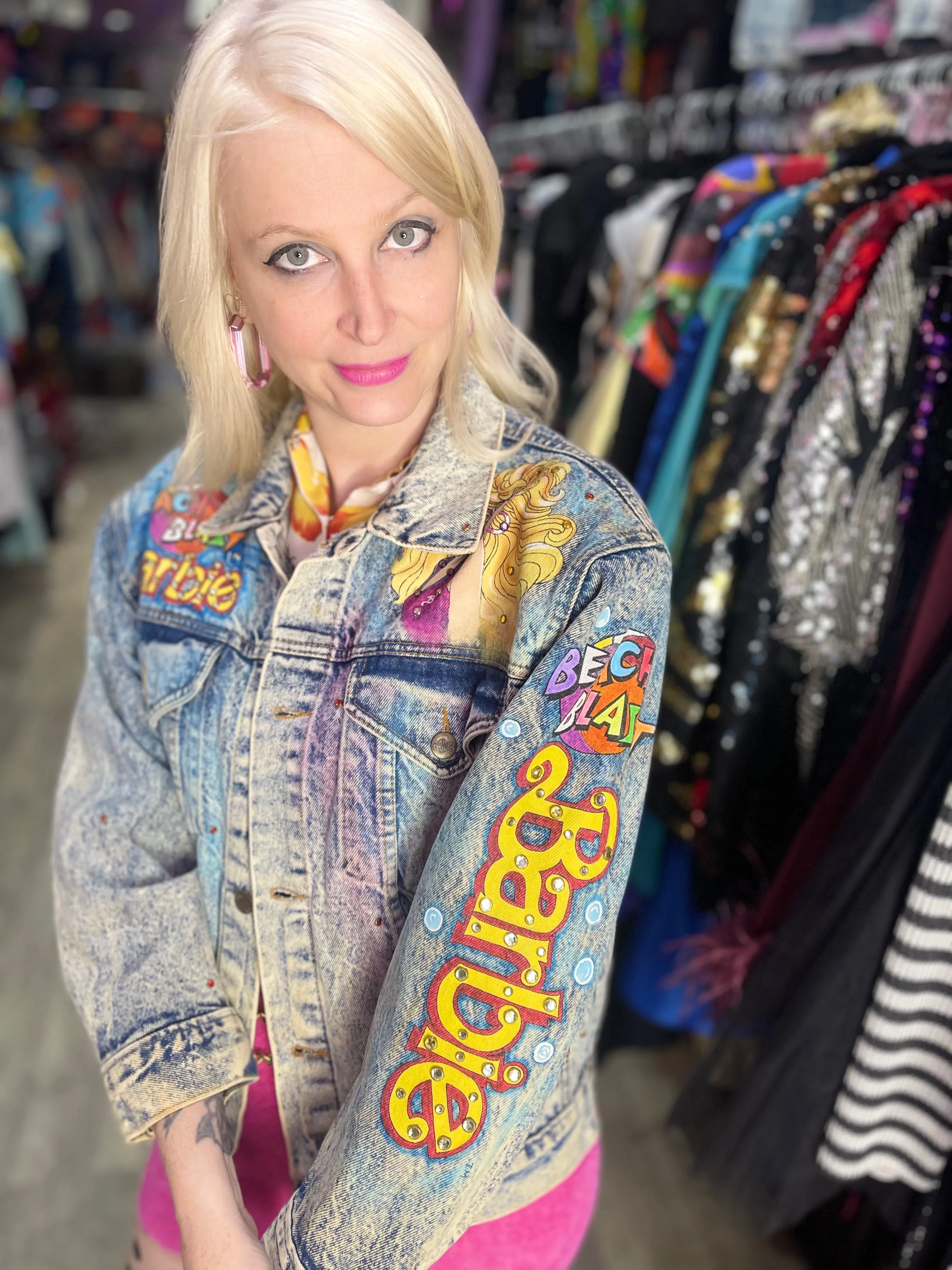 Vintage 1987 Hand Painted and Bedazzled Barbie Beach Blast Jean Jacket