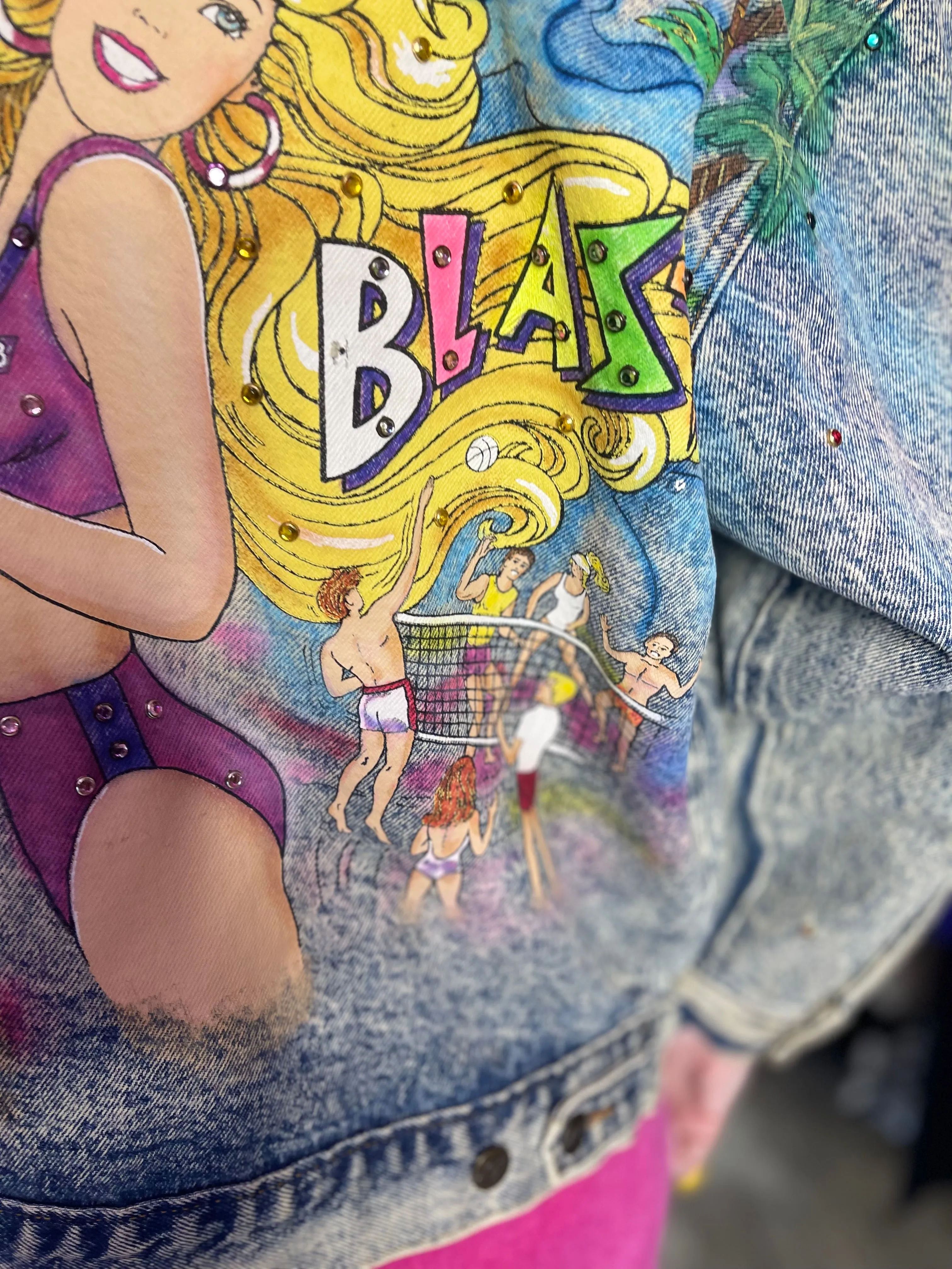 Vintage 1987 Hand Painted and Bedazzled Barbie Beach Blast Jean Jacket