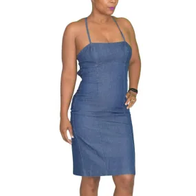 Vintage Guess Denim Dress Blue Jean Bodycon Pencil Halter Low Back Ties Size Small