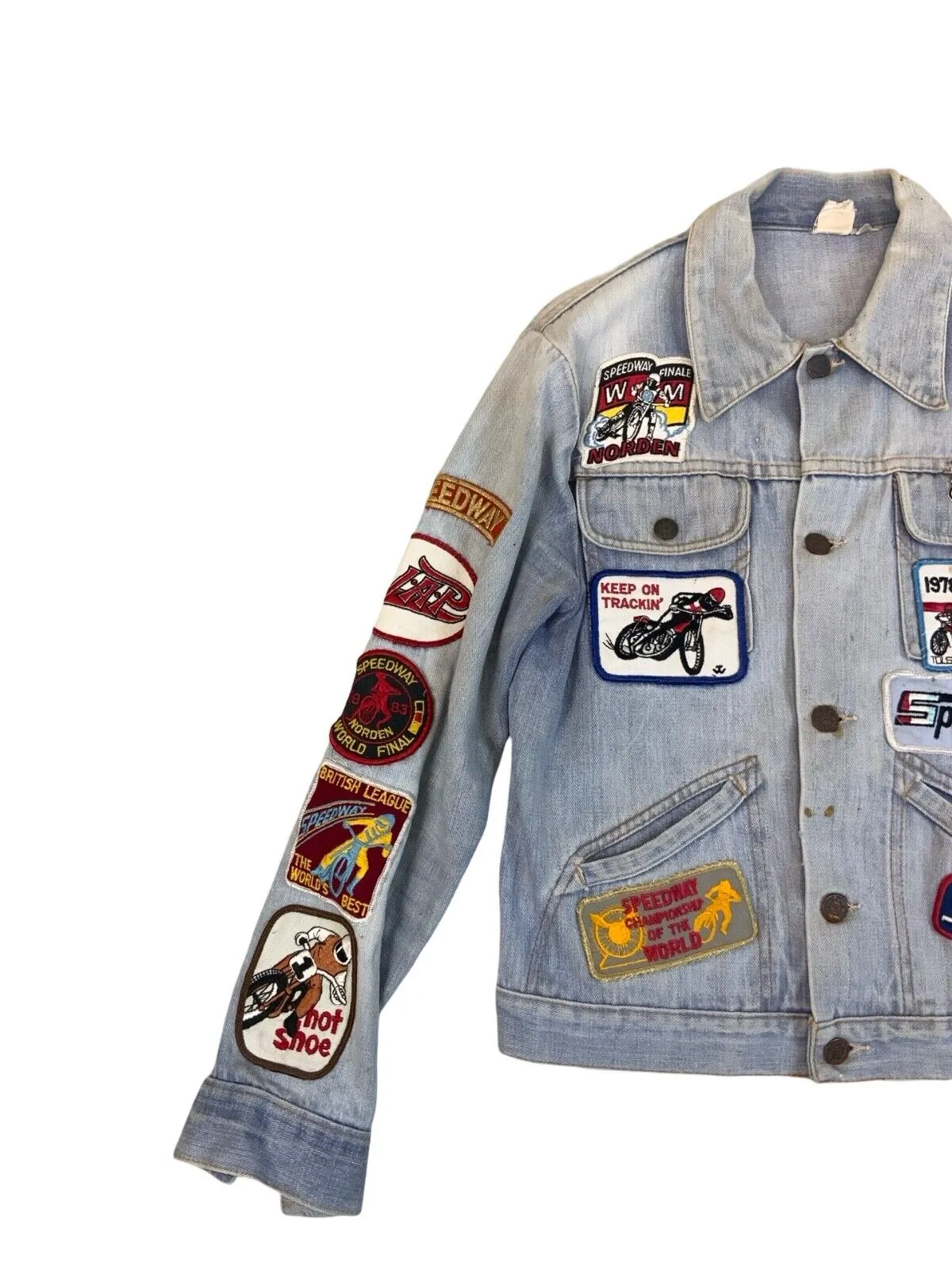 VTG DENIM JACKET 70s 80s SPEEDWAY RACING PATCHES X 28 JAP BIKE GRASSTRACK XS 34