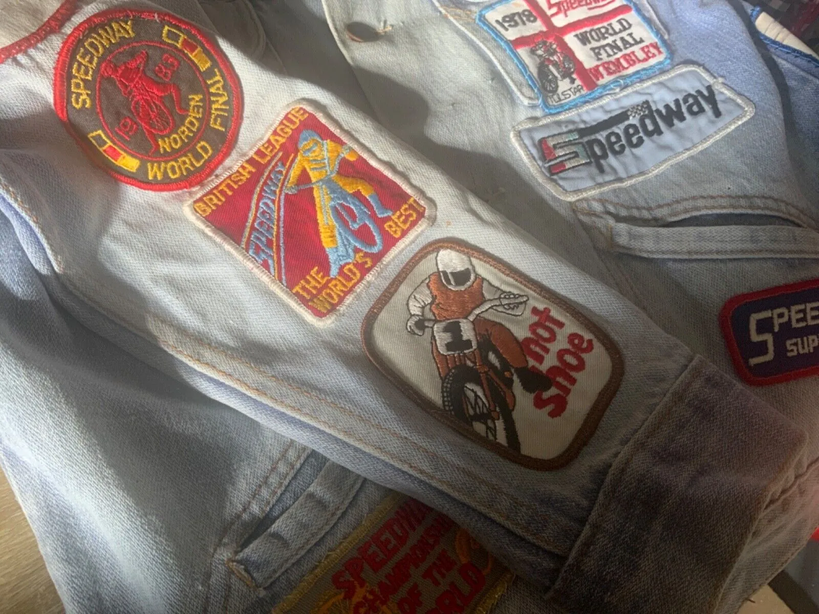 VTG DENIM JACKET 70s 80s SPEEDWAY RACING PATCHES X 28 JAP BIKE GRASSTRACK XS 34