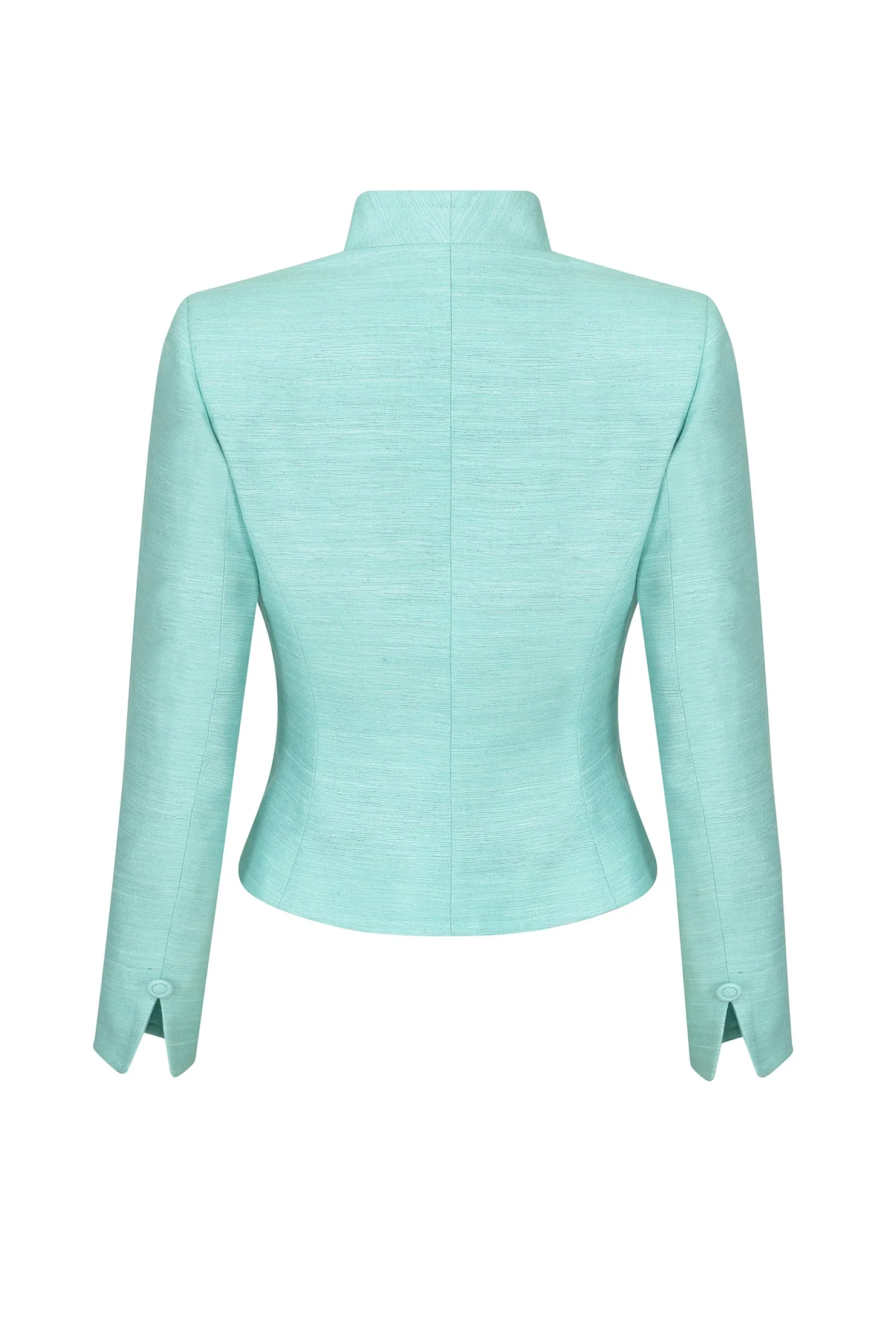 Waisted Edge-to-Edge Jacket in Plain Raw Silk in Aqua - Margo